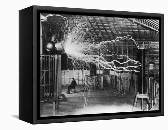 Bolts of Electricity Discharging in the Lab of Nikola Tesla-Stocktrek Images-Framed Stretched Canvas