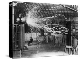 Bolts of Electricity Discharging in the Lab of Nikola Tesla-Stocktrek Images-Stretched Canvas