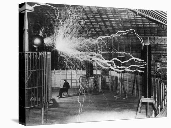 Bolts of Electricity Discharging in the Lab of Nikola Tesla-Stocktrek Images-Stretched Canvas