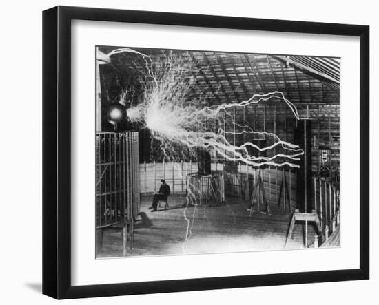 Bolts of Electricity Discharging in the Lab of Nikola Tesla-Stocktrek Images-Framed Premium Photographic Print