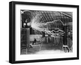 Bolts of Electricity Discharging in the Lab of Nikola Tesla-Stocktrek Images-Framed Photographic Print