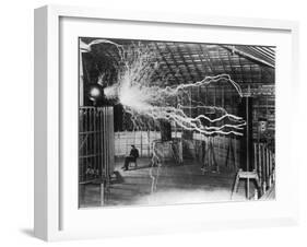 Bolts of Electricity Discharging in the Lab of Nikola Tesla-Stocktrek Images-Framed Photographic Print