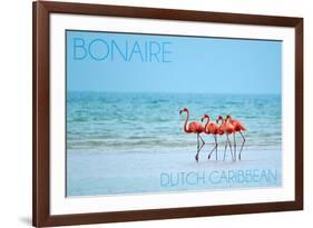 Bonaire, Dutch Caribbean - Flamingos and Ocean-Lantern Press-Framed Art Print