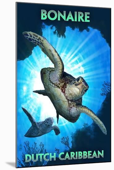 Bonaire, Dutch Caribbean - Sea Turtle Diving-Lantern Press-Mounted Art Print