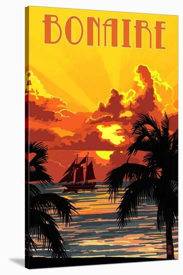 Bonaire, Dutch Caribbean - Sunset and Ship-Lantern Press-Stretched Canvas