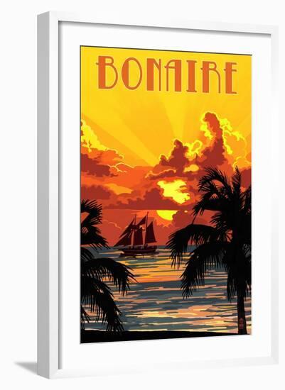 Bonaire, Dutch Caribbean - Sunset and Ship-Lantern Press-Framed Art Print