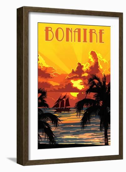 Bonaire, Dutch Caribbean - Sunset and Ship-Lantern Press-Framed Art Print