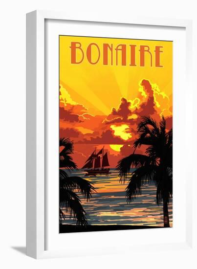 Bonaire, Dutch Caribbean - Sunset and Ship-Lantern Press-Framed Art Print