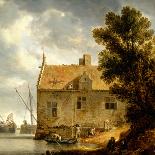 Builders Repairing a House by a River-Bonaventura Peeters-Framed Stretched Canvas