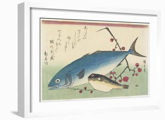 Bonito, Globefish and a Spray of Blossoming Plum, C. 1840-Utagawa Hiroshige-Framed Giclee Print