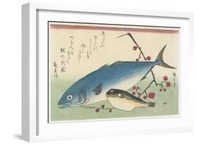 Bonito, Globefish and a Spray of Blossoming Plum, C. 1840-Utagawa Hiroshige-Framed Giclee Print