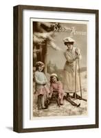 Bonne Annee, Woman on Skis-null-Framed Art Print