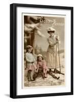 Bonne Annee, Woman on Skis-null-Framed Art Print