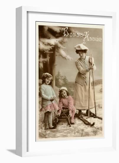 Bonne Annee, Woman on Skis-null-Framed Art Print