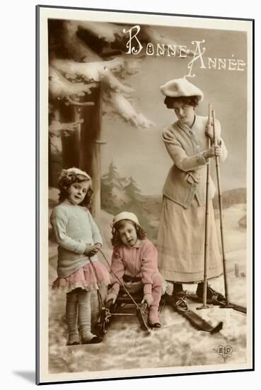 Bonne Annee, Woman on Skis-null-Mounted Art Print