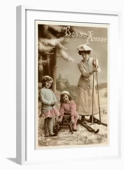 Bonne Annee, Woman on Skis-null-Framed Art Print