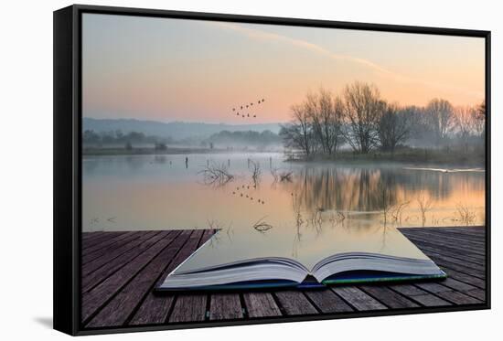 Book Concept Landscape of Lake in Mist with Sun Glow at Sunrise-Veneratio-Framed Stretched Canvas