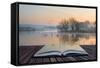 Book Concept Landscape of Lake in Mist with Sun Glow at Sunrise-Veneratio-Framed Stretched Canvas