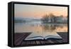 Book Concept Landscape of Lake in Mist with Sun Glow at Sunrise-Veneratio-Framed Stretched Canvas