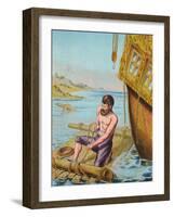 Book Illustration of Robinson Crusoe Tying Together a Raft-null-Framed Premium Giclee Print