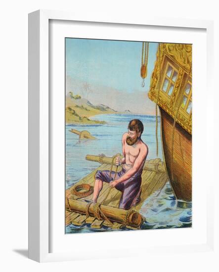 Book Illustration of Robinson Crusoe Tying Together a Raft-null-Framed Premium Giclee Print