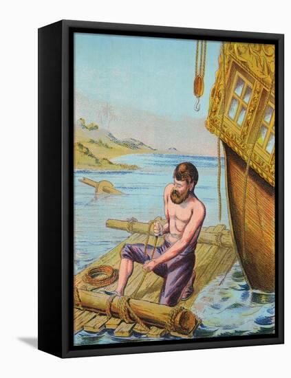 Book Illustration of Robinson Crusoe Tying Together a Raft-null-Framed Stretched Canvas