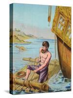 Book Illustration of Robinson Crusoe Tying Together a Raft-null-Stretched Canvas