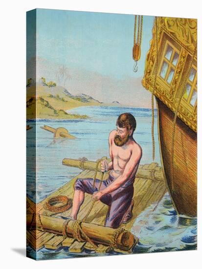 Book Illustration of Robinson Crusoe Tying Together a Raft-null-Stretched Canvas