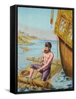 Book Illustration of Robinson Crusoe Tying Together a Raft-null-Framed Stretched Canvas