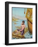 Book Illustration of Robinson Crusoe Tying Together a Raft-null-Framed Giclee Print