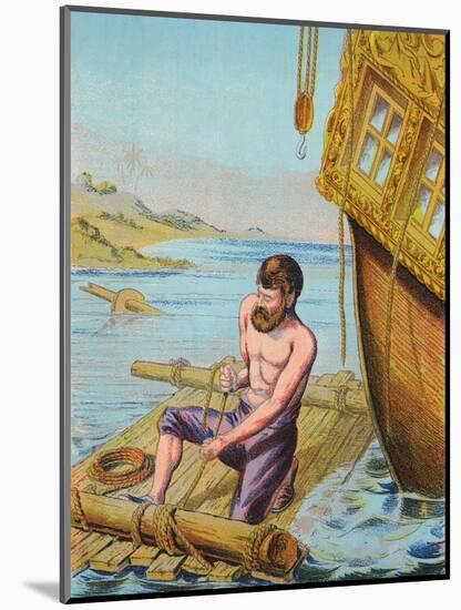 Book Illustration of Robinson Crusoe Tying Together a Raft-null-Mounted Giclee Print