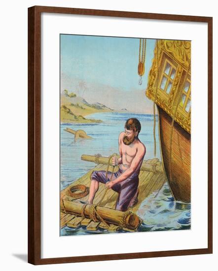 Book Illustration of Robinson Crusoe Tying Together a Raft-null-Framed Giclee Print