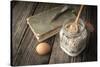 Book of Recipes and Ingredients for Cookies on a Wooden Table Horizontal-Denis Karpenkov-Stretched Canvas