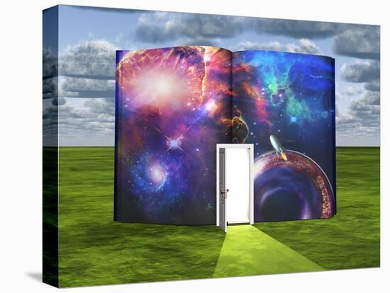 Book With Science Fiction Scene And Open Doorway Of Light-rolffimages-Stretched Canvas