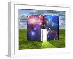 Book With Science Fiction Scene And Open Doorway Of Light-rolffimages-Framed Art Print