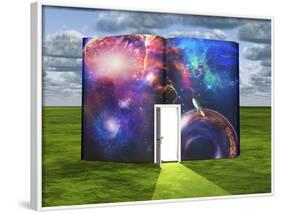 Book With Science Fiction Scene And Open Doorway Of Light-rolffimages-Framed Art Print