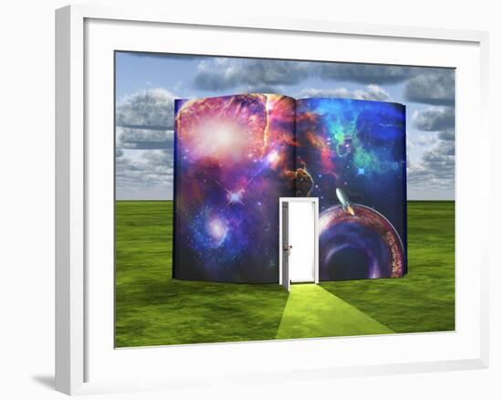 Book With Science Fiction Scene And Open Doorway Of Light-rolffimages-Framed Art Print