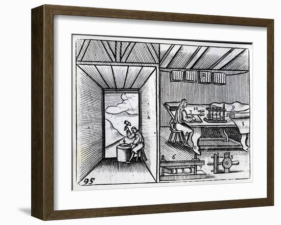 Bookbinding, Illustration from the 'Orbis Sensualium Pictus' by John Amos Comenius, English…-German School-Framed Giclee Print