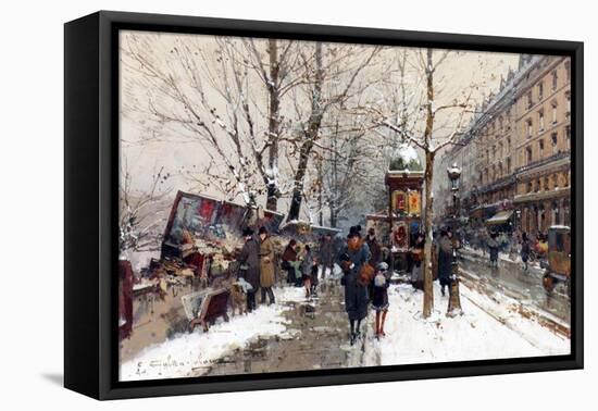 Bookstalls in Winter, Paris-Eugene Galien-Laloue-Framed Stretched Canvas