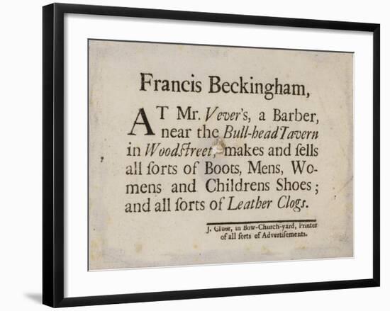 Boot and Shoemakers, Francis Beckingham, Trade Card-null-Framed Giclee Print