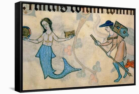 Border detail of a mermaid and a tinker, from the Luttrell Psalter-English-Framed Stretched Canvas