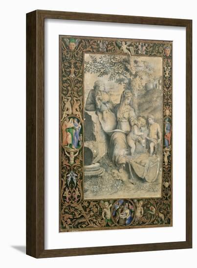 Border, Illuminated Manuscript Surrounding Drawing After Raphael's the Holy Family under the Oak-Giorgio-giulio Clovio-Framed Giclee Print