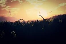 Prehistoric Jungle with Dinosaurs in the Sunset Sunrise 3D Artwork-boscorelli-Art Print