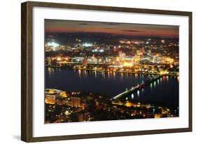 Boston Charles River at Night Aerial View with Urban Buildings and Bridge.-Songquan Deng-Framed Photographic Print