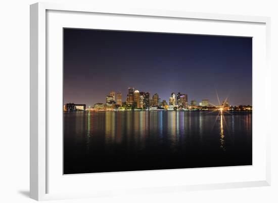 Boston Downtown with Urban City Skyline at Night with Skyscrapers Illuminated over Sea.-Songquan Deng-Framed Photographic Print