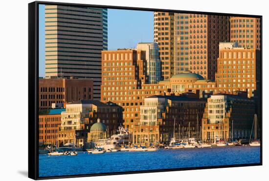 Boston Harbor and the Boston skyline at sunrise as seen from South Boston, Massachusetts, New En...-null-Framed Stretched Canvas