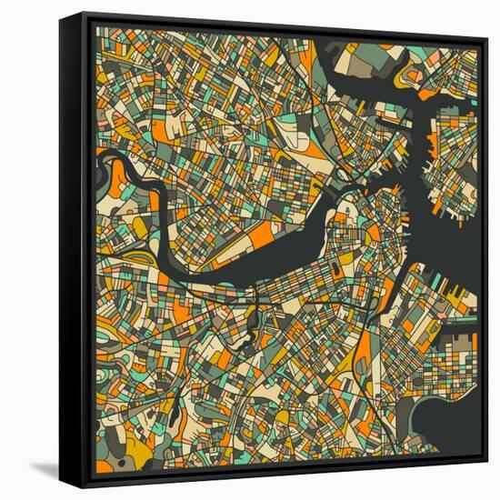Boston Map-Jazzberry Blue-Framed Stretched Canvas