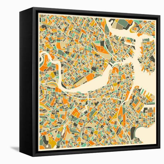 Boston Map-Jazzberry Blue-Framed Stretched Canvas