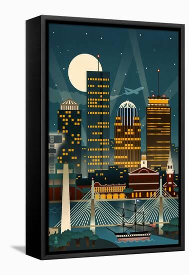 Boston, Massachusetts - Retro Skyline (no text)-Lantern Press-Framed Stretched Canvas