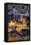 Boston, Massachusetts - Skyline at Night-Lantern Press-Framed Stretched Canvas
